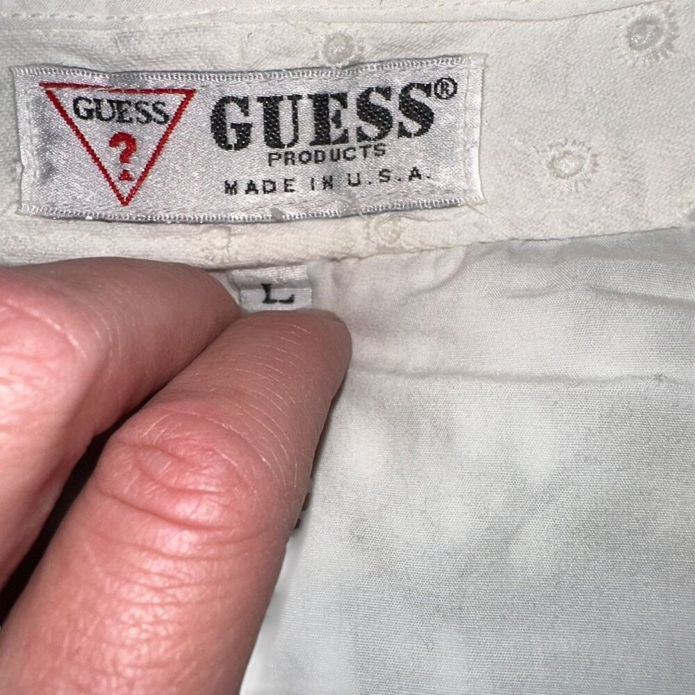 Vintage Guess Point Bottom Vest Juniors L Cream White Eyelet Tie in Back Retro - Picture 10 of 11